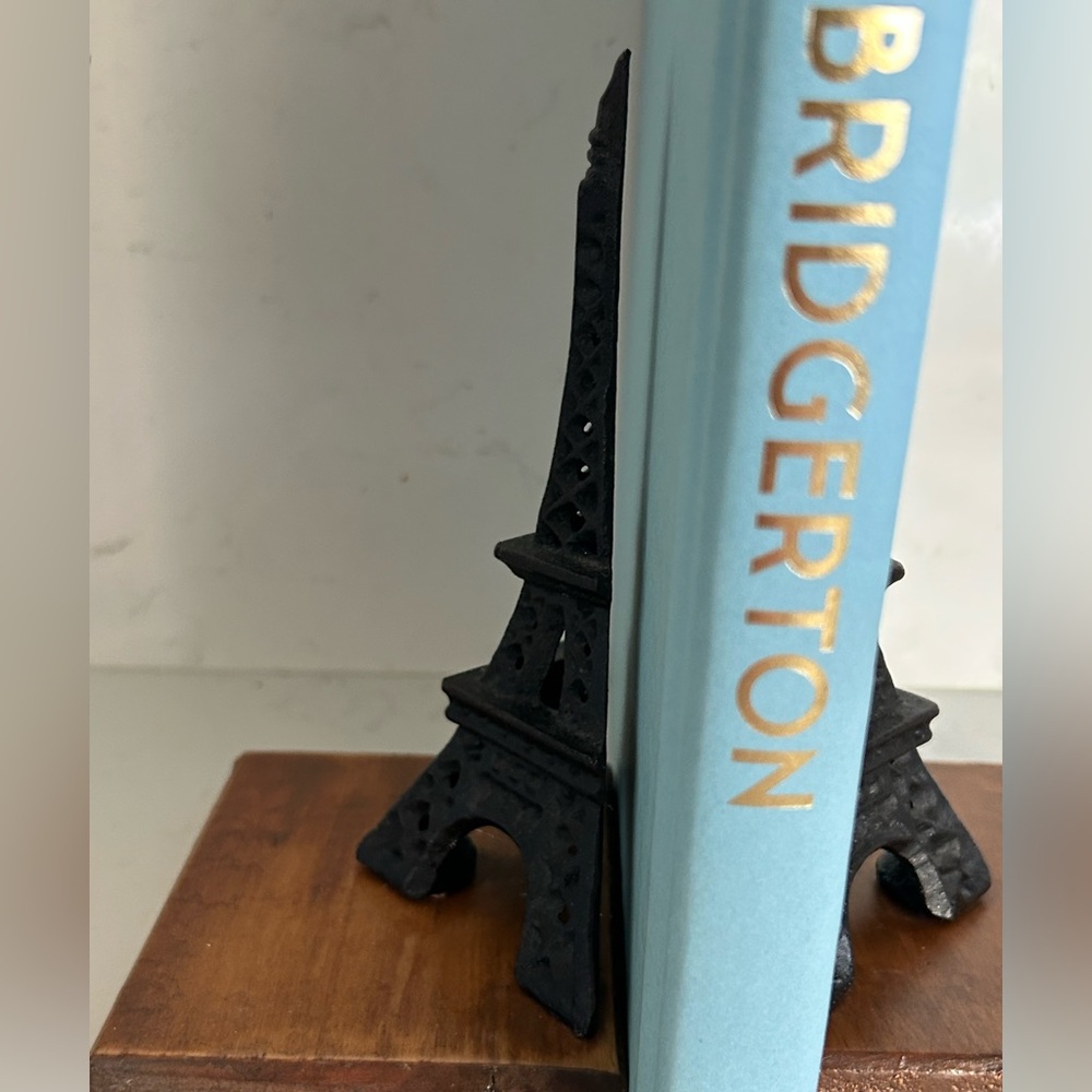 Vintage Eiffel Tower Paris Cast Iron Bookends/ Decor, Wooden Base - Picture 2 of 7
